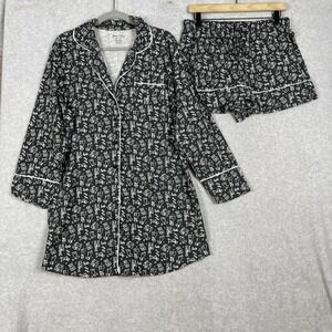 Yarn & Sea 2 Piece Pajama Set Womens M Dog Print Button Up Top Shorts Whimsical